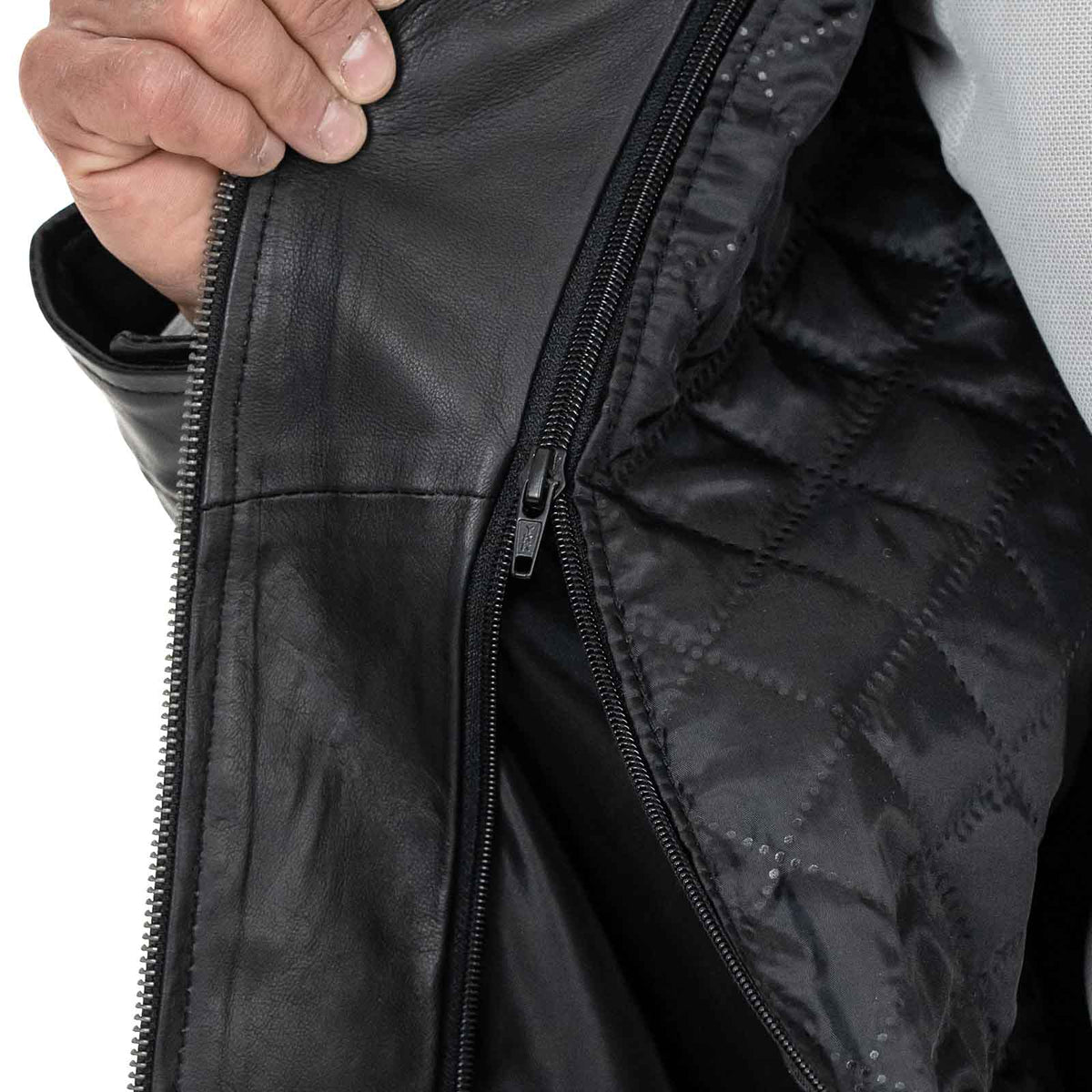 Men's Slim Fit Black Genuine Leather Biker Jacket Mandarin Collar Four Pockets Rindway