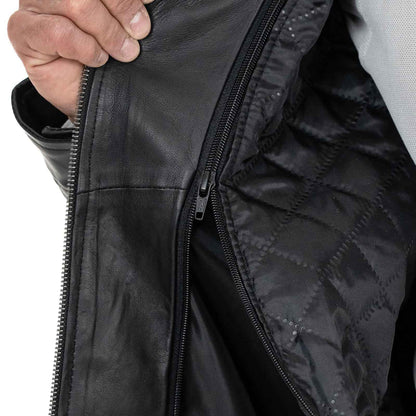 Men's Slim Fit Black Genuine Leather Biker Jacket Mandarin Collar Four Pockets Rindway