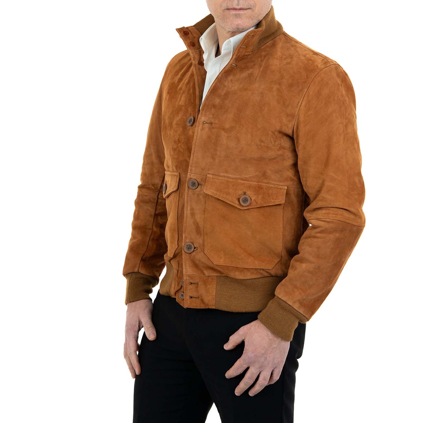 Giacca Bomber In Vera Pelle Camoscio Bruciato Uomo Slim Con Bottoni E Tasconi Rindway