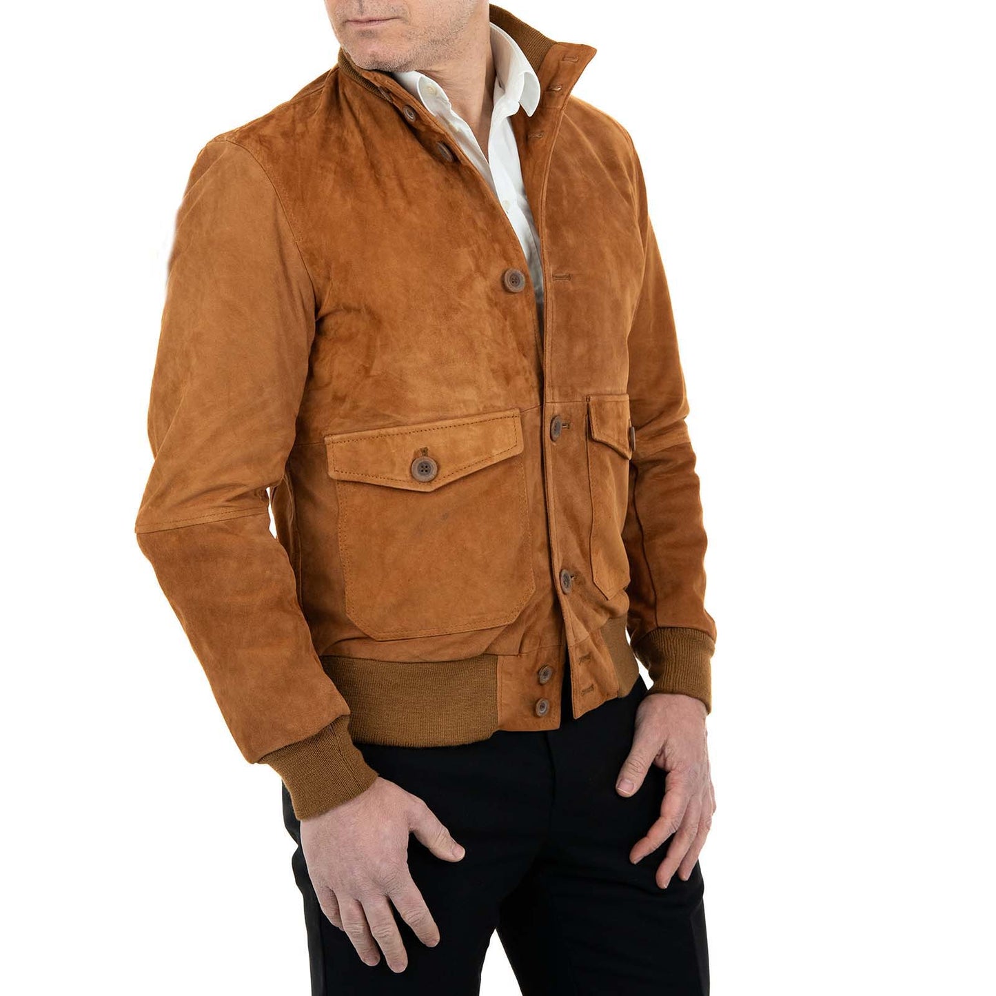 Giacca Bomber In Vera Pelle Camoscio Bruciato Uomo Slim Con Bottoni E Tasconi Rindway