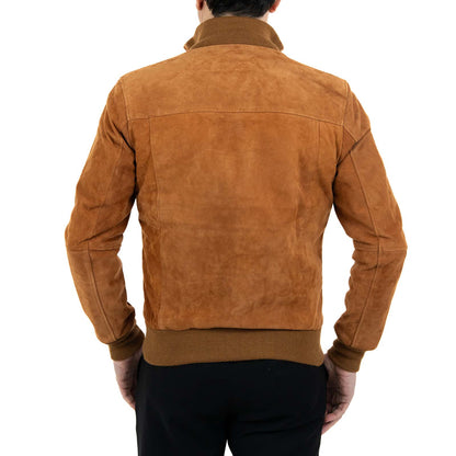 Giacca Bomber In Vera Pelle Camoscio Bruciato Uomo Slim Con Bottoni E Tasconi Rindway