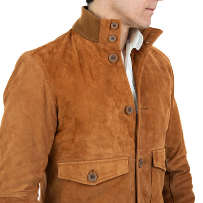Giacca Bomber In Vera Pelle Camoscio Bruciato Uomo Slim Con Bottoni E Tasconi Rindway