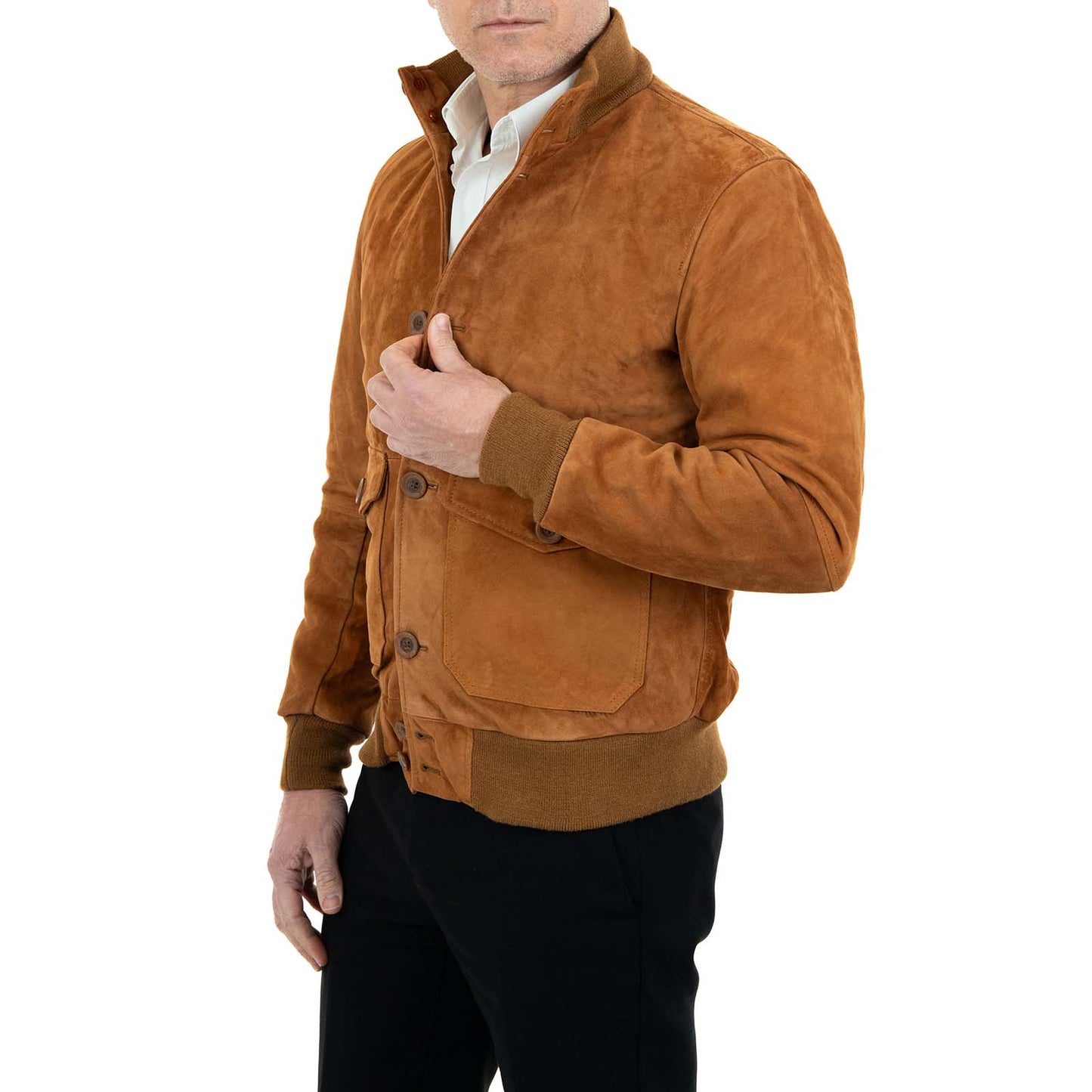 Giacca Bomber In Vera Pelle Camoscio Bruciato Uomo Slim Con Bottoni E Tasconi Rindway