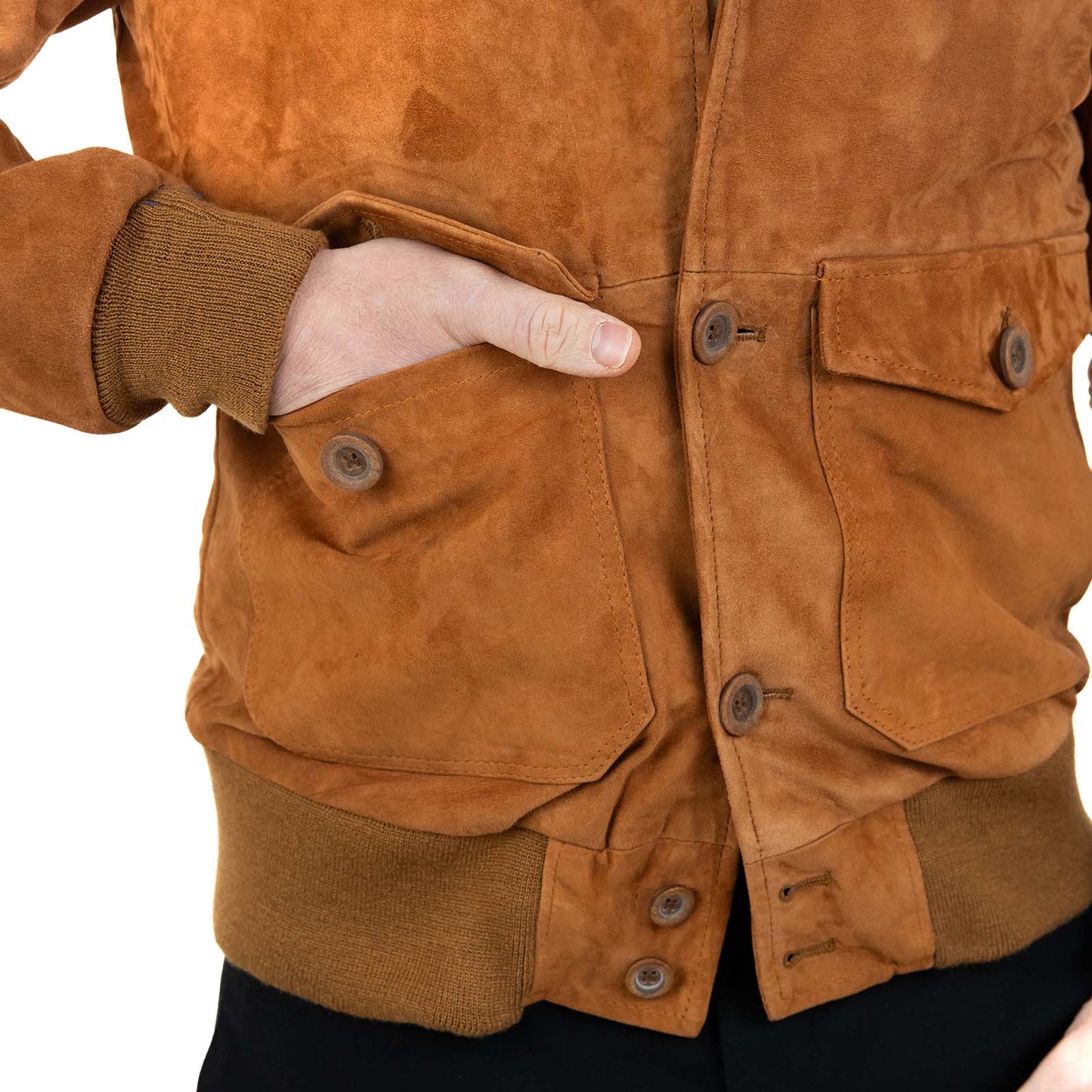 Giacca Bomber In Vera Pelle Camoscio Bruciato Uomo Slim Con Bottoni E Tasconi Rindway