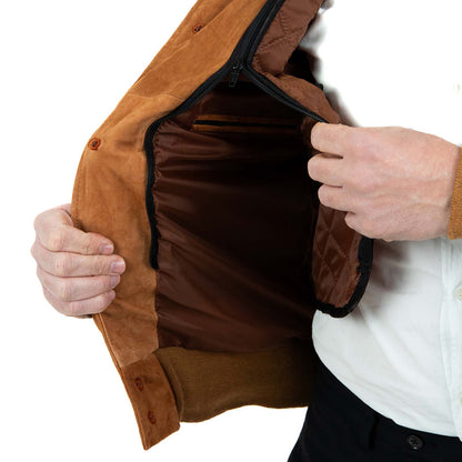 Giacca Bomber In Vera Pelle Camoscio Bruciato Uomo Slim Con Bottoni E Tasconi Rindway