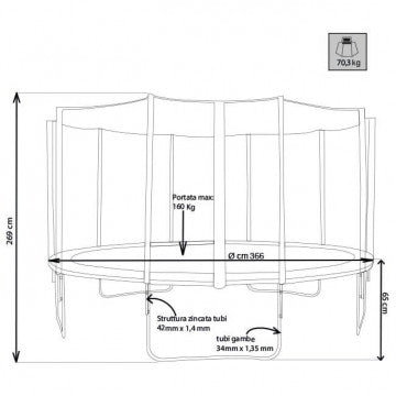 Trampolino elastico con rete diametro 366 cm acciaio zincato portata 160 kg