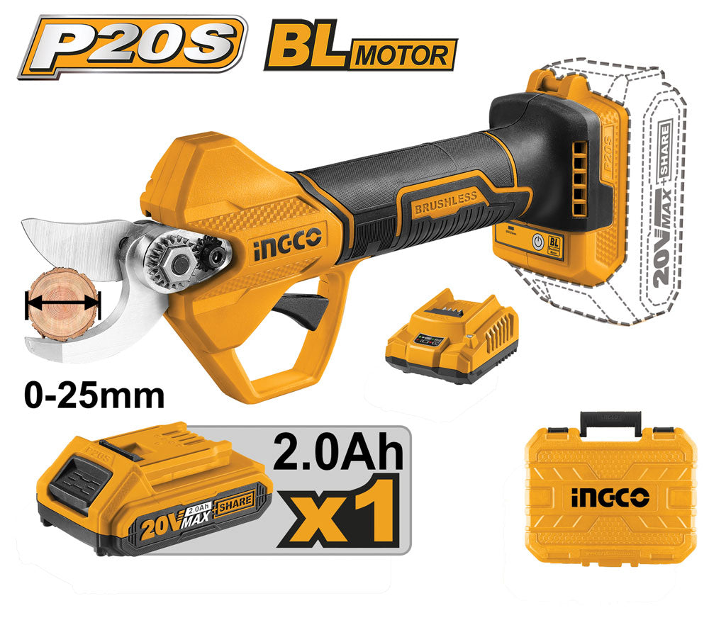 Forbice da pota brushless 20V con batteria da 2Ah e accessori