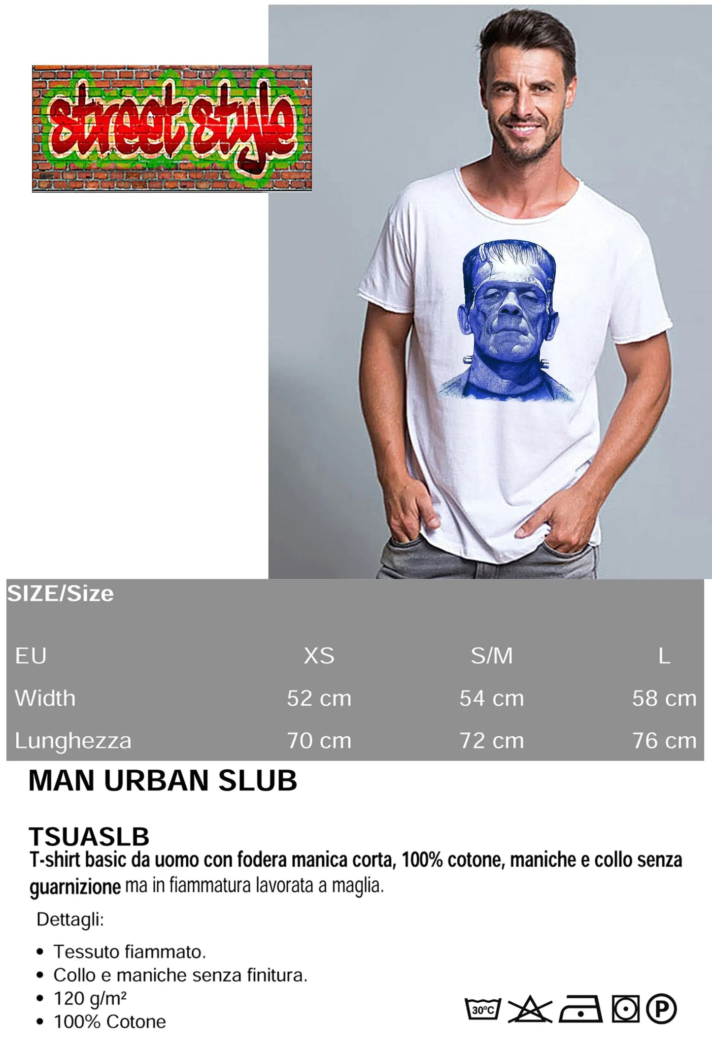 T-shirt Uomo Frankenstein Blu – Urban Slub 100% Cotone