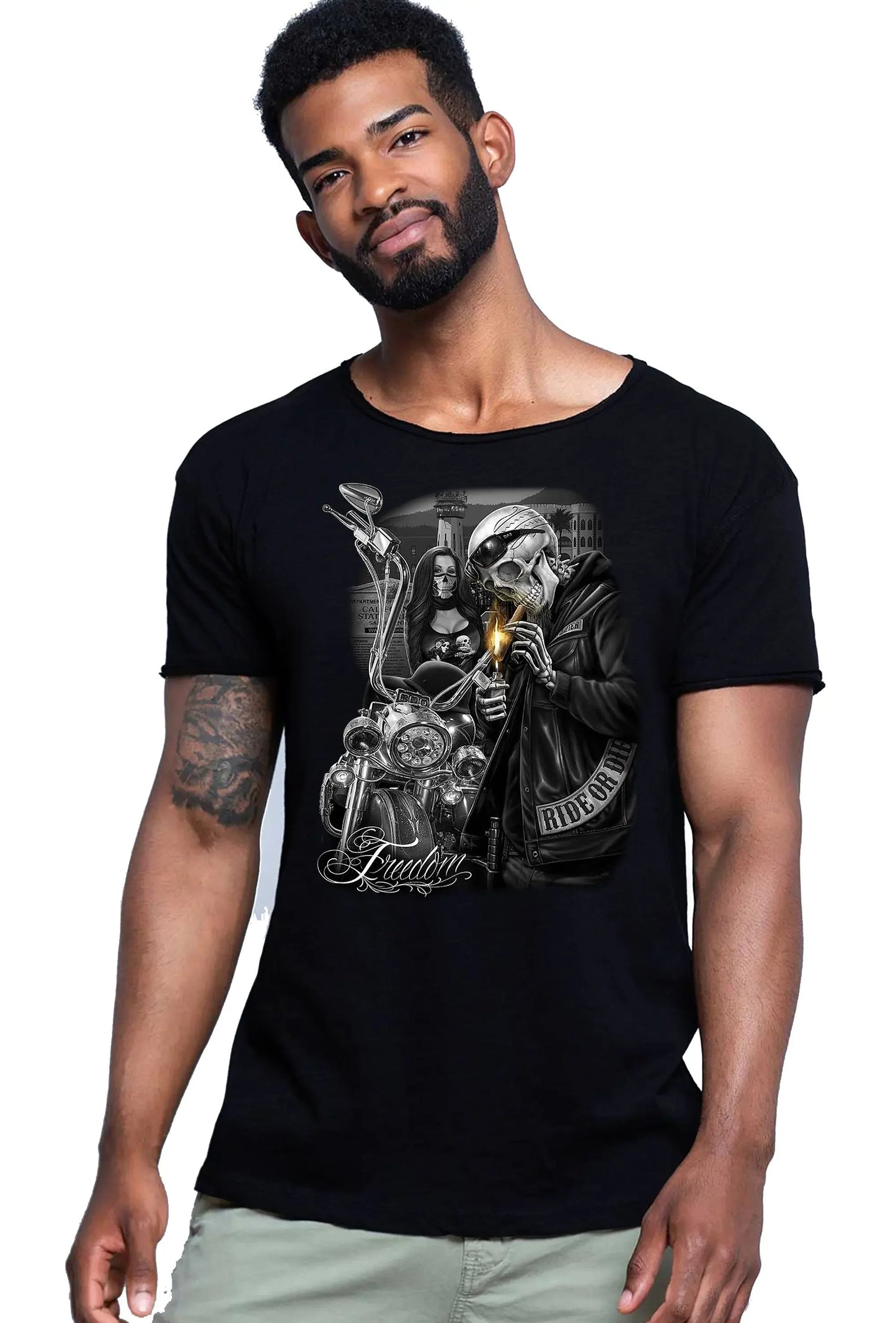 Freedom Tattoo Skull - T-shirt Uomo Cotone Fiammato