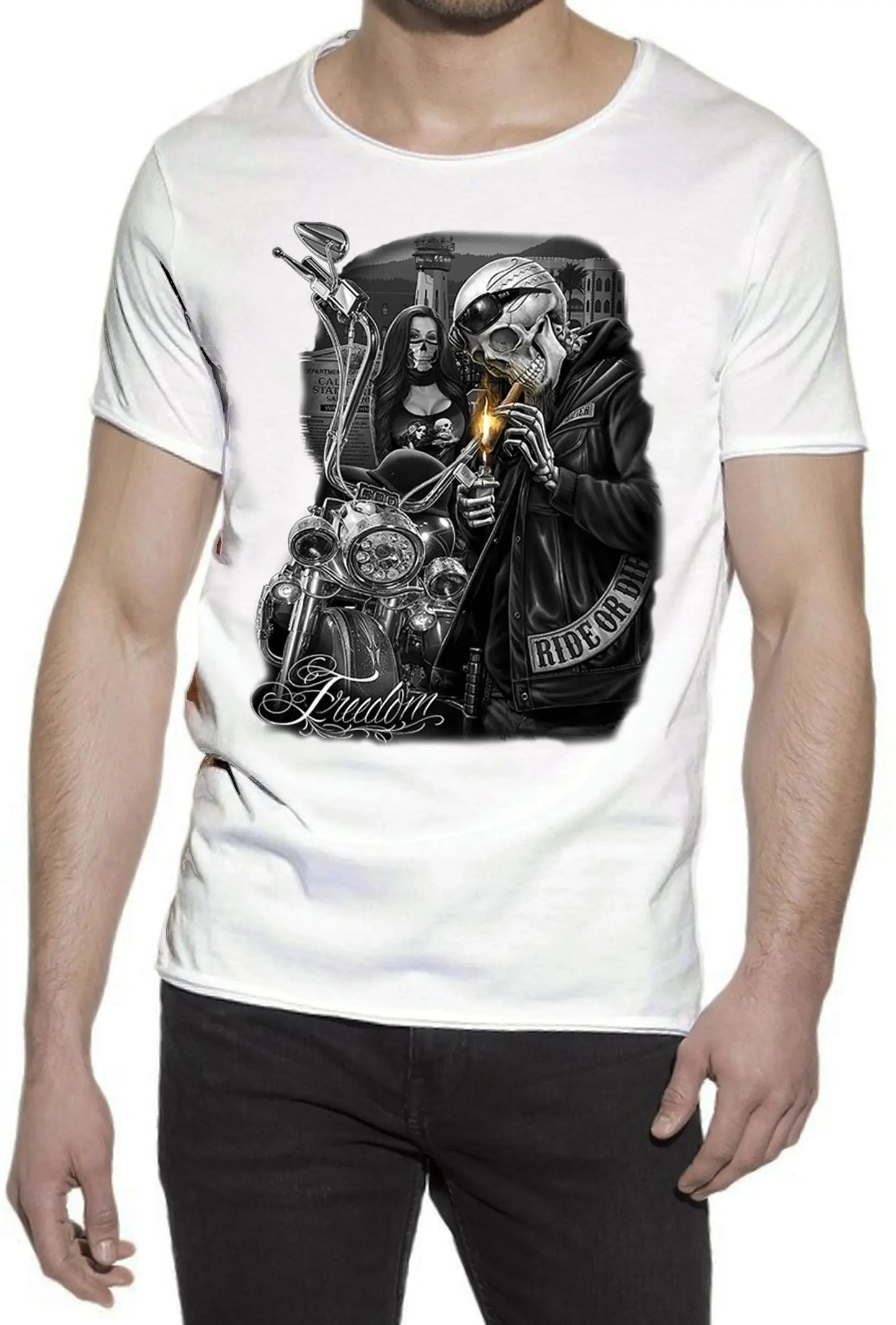 Freedom Tattoo Skull - T-shirt Uomo Cotone Fiammato