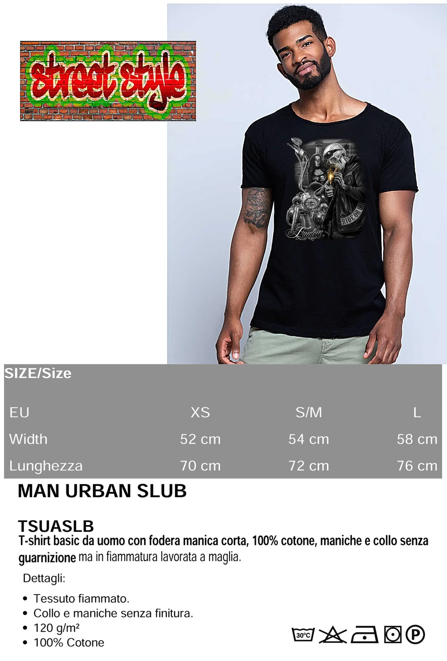 Freedom Tattoo Skull - T-shirt Uomo Cotone Fiammato