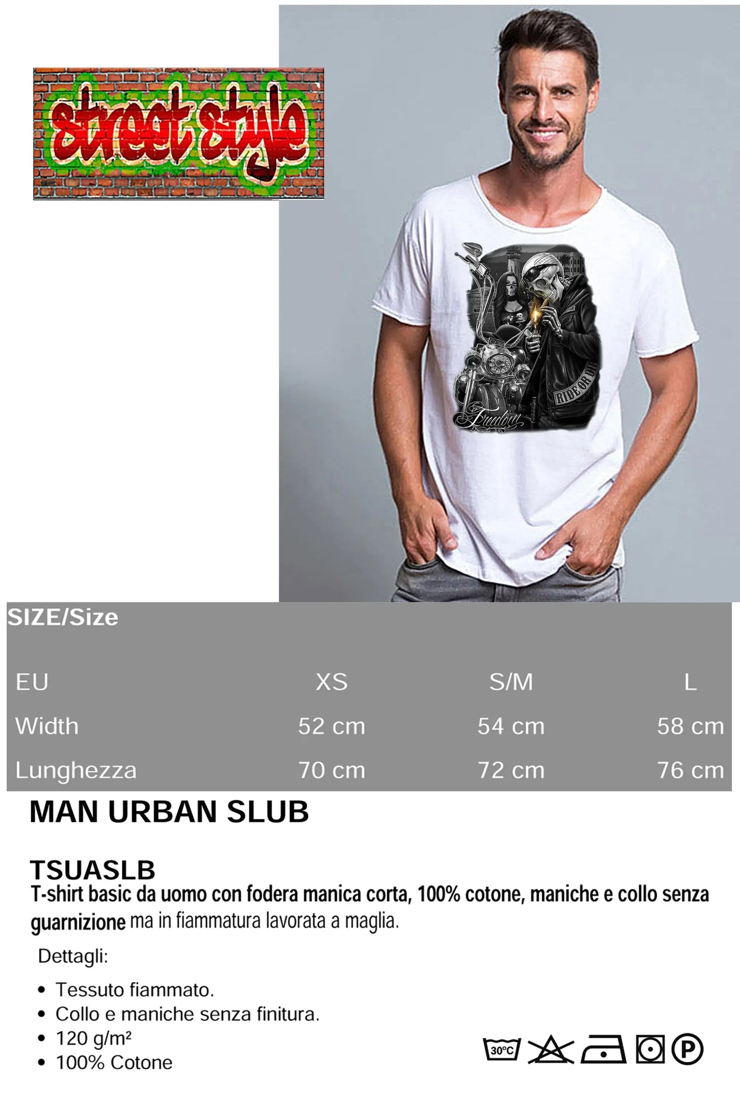 Freedom Tattoo Skull - T-shirt Uomo Cotone Fiammato