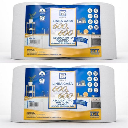 4 Rollen Papier, doppelt, BOBINA DOPPIA LINEA CASA RMOVE 600+600, 2-lagig, reine Zellulose
