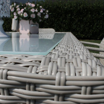Gartentisch Azore 150 x 90 rechteckig mit Metall- und Wickergeflecht und Glasplatte