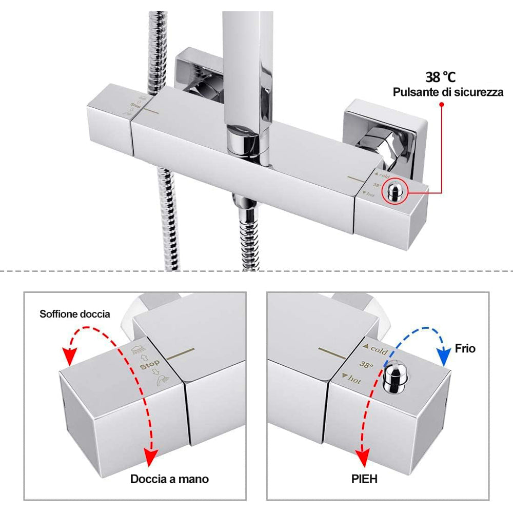 Set colonna doccia monogetto Square quadra con miscelatore termostatico cromo — Cardinale Professional