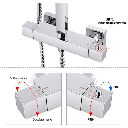 Set colonna doccia monogetto Square quadra con miscelatore termostatico cromo — Cardinale Professional