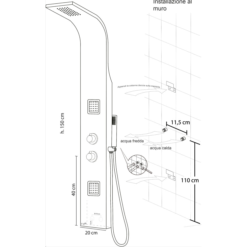 Pannello doccia INOX Vega versione idro — Cardinale Professional