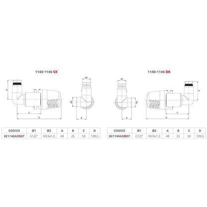 Valvola ad angolo DX termostatica attacco rame, multistrato e PE-X Dafne cromo 1/2" - 24x1,5 — ICMA