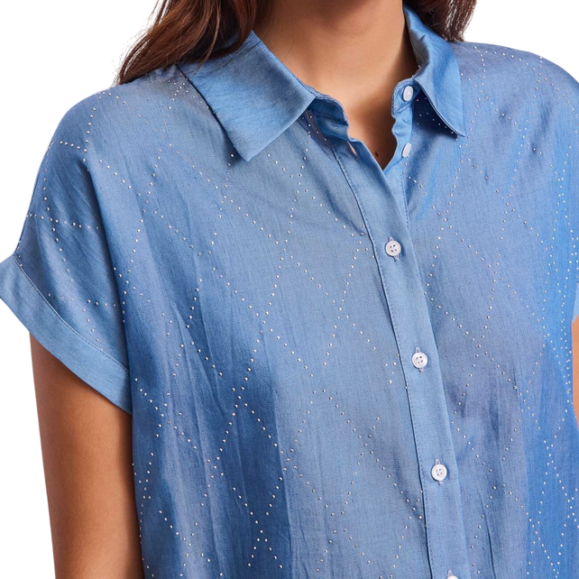 Gaudì Camicia manica corta da donna con fantasia rombi di strass 511BD45010 515017 blu