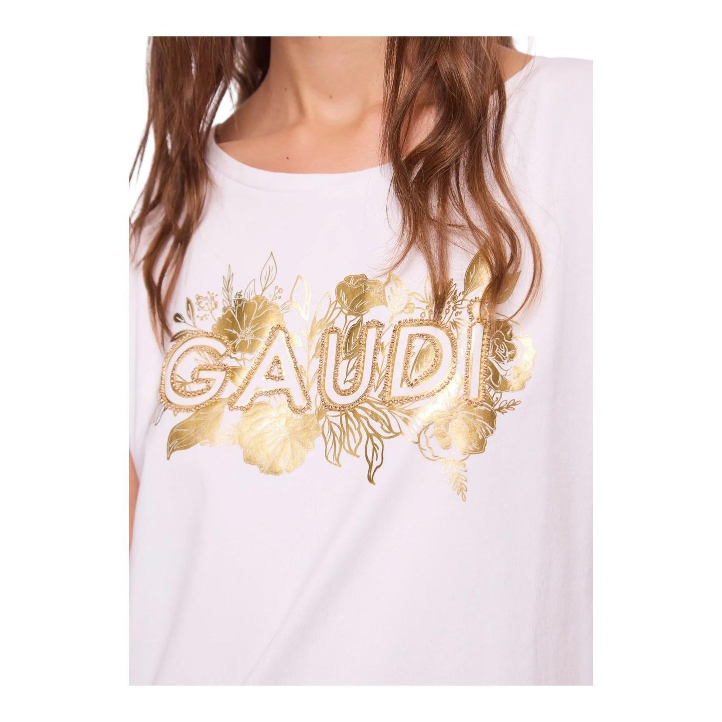 Gaudì T-shirt Donna Stampa Floreale Laminata Strass 611BD64038 Bianco