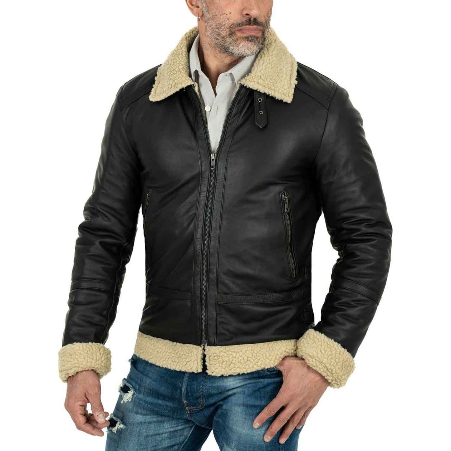 Giacca Biker In Vera Pelle Nero Interno Nero Uomo Slim In Stile Montone Collo Con Fibbia Rindway