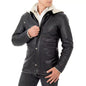 Men's Slim Fit Black Genuine Leather Jacket Shearling Style Large Pockets Removable Hood Rindway