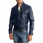 Men's Slim Blue Genuine Leather Biker Jacket Four Pockets Rindway