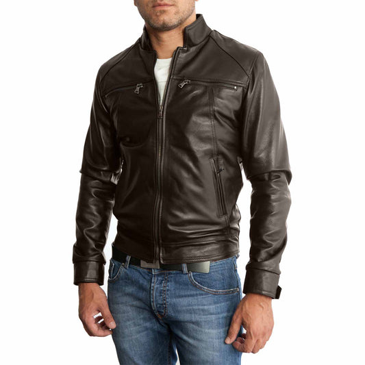 Men's Slim Brown Genuine Leather Biker Jacket Four Pockets Rindway