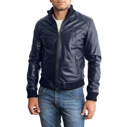 Men's Slim Fit Black Genuine Leather Bomber Jacket with Front Cuts Rindway
