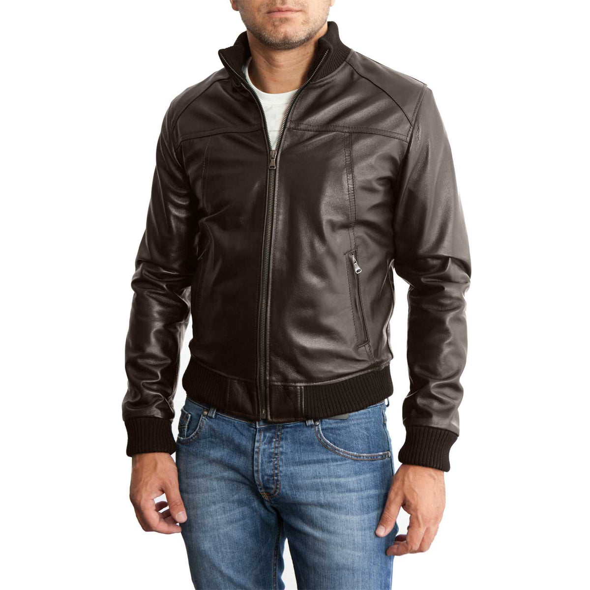Men's Slim Fit Black Genuine Leather Bomber Jacket with Front Cuts Rindway