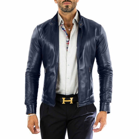 Men's Blue Real Leather Biker Jacket Slim Front Stitching Rindway