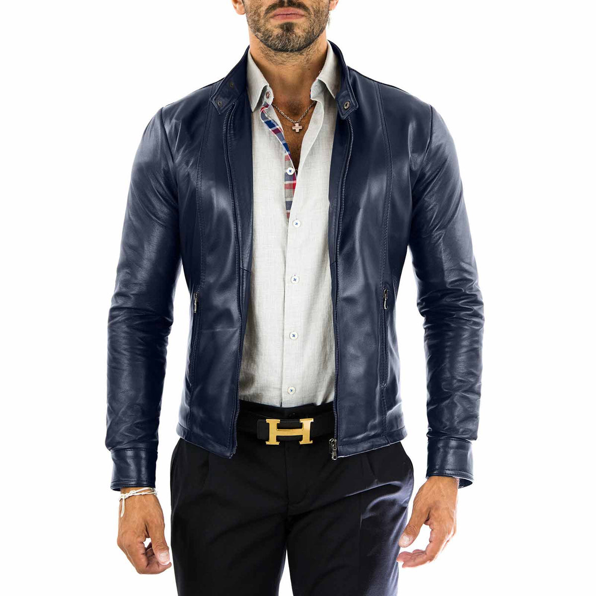 Men's Black Genuine Leather Slim Fit Biker Jacket Front Stitching Rindway