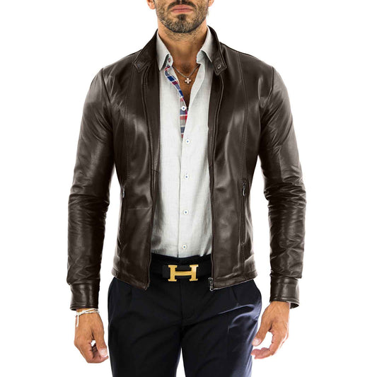 Men's Slim Fit Brown Genuine Leather Biker Jacket Front Stitching Rindway