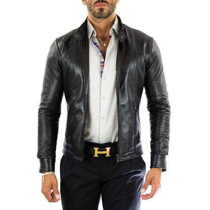 Men's Slim Fit Brown Genuine Leather Biker Jacket Front Stitching Rindway