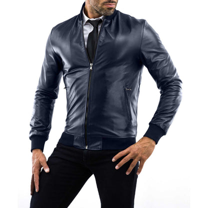 Men's Black Genuine Leather Slim Bomber Jacket with College Collar Rindway