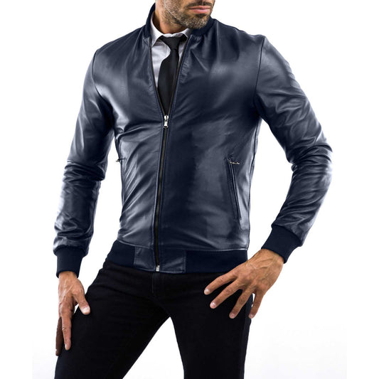 Men's Slim Fit Blue Genuine Leather Bomber Jacket College Collar Rindway