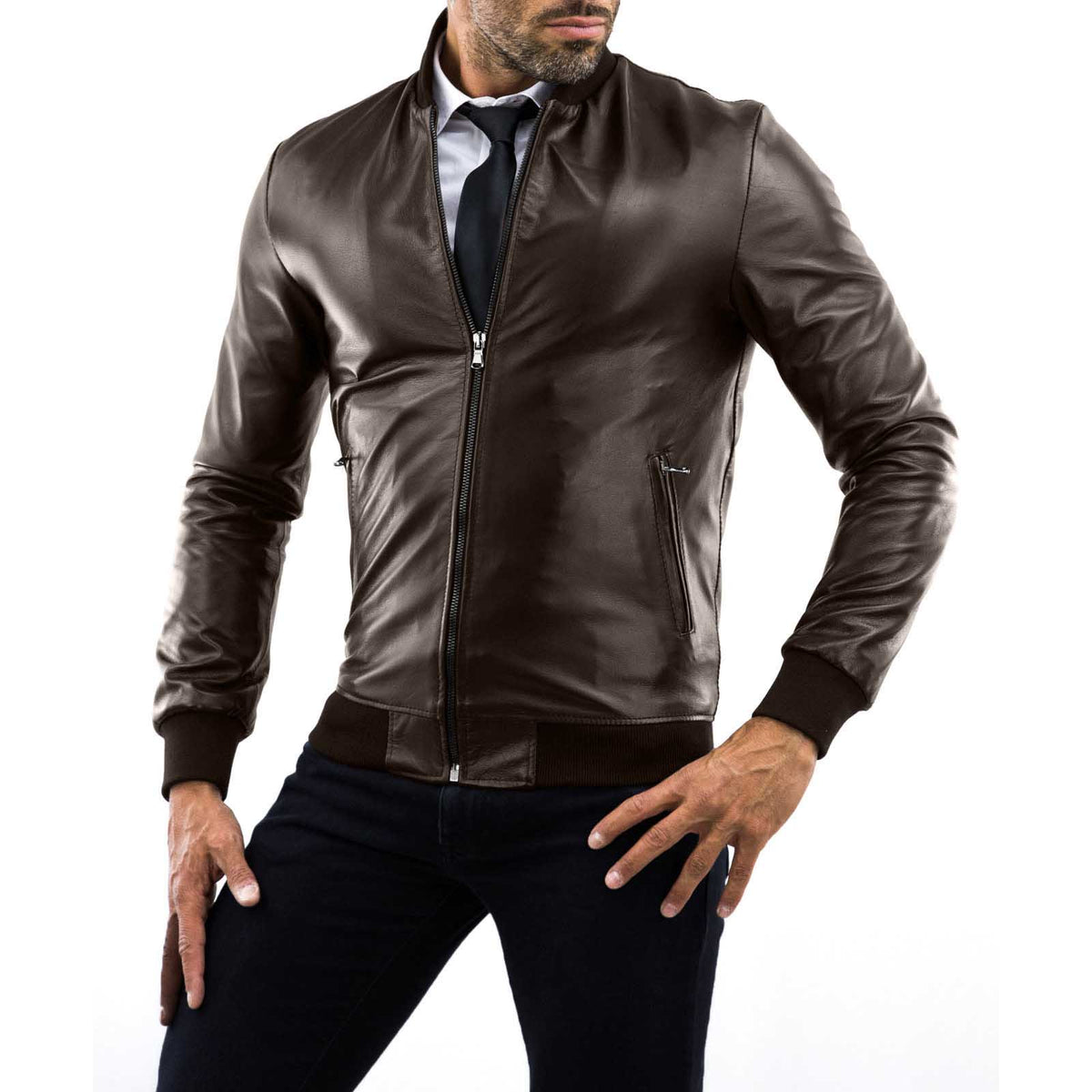 Men's Black Genuine Leather Slim Bomber Jacket with College Collar Rindway