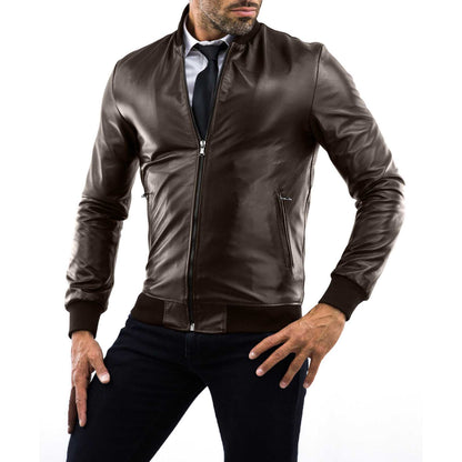 Men's Black Genuine Leather Slim Bomber Jacket with College Collar Rindway