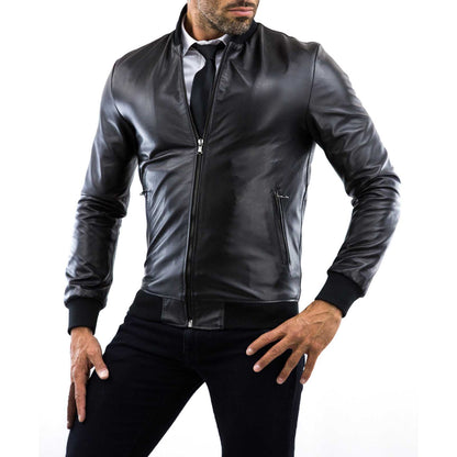 Men's Black Genuine Leather Slim Bomber Jacket with College Collar Rindway