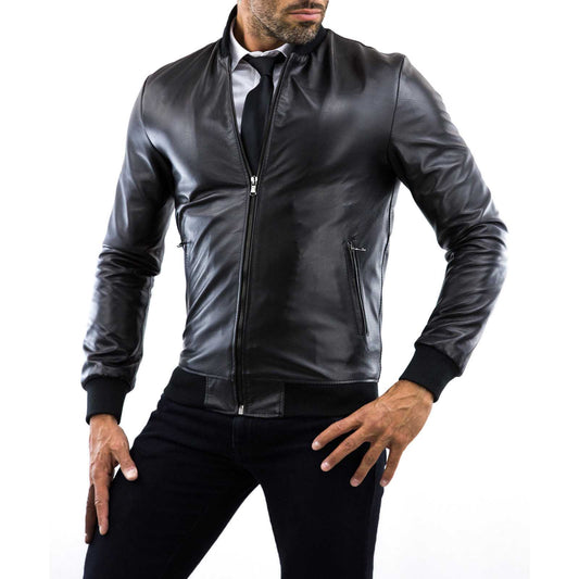 Men's Black Genuine Leather Slim Bomber Jacket with College Collar Rindway