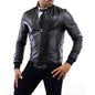 Men's Black Genuine Leather Slim Bomber Jacket with College Collar Rindway