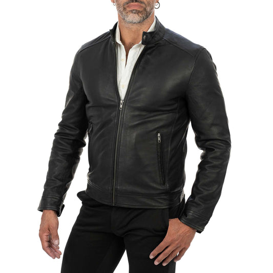Rindway Men's Slim Fit Black Genuine Leather Biker Jacket with Mandarin Collar