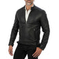 Rindway Men's Slim Fit Black Genuine Leather Biker Jacket with Mandarin Collar