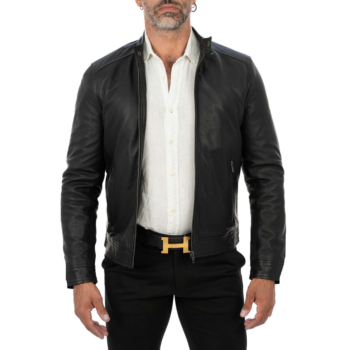 Rindway Men's Slim Fit Black Genuine Leather Biker Jacket with Mandarin Collar
