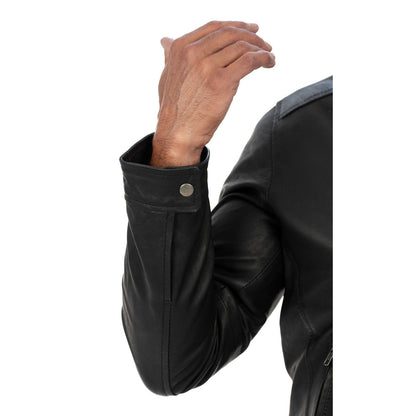 Rindway Men's Slim Fit Black Genuine Leather Biker Jacket with Mandarin Collar