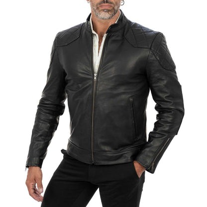 Men's Slim Fit Black Genuine Leather Biker Jacket with Diamond Quilting on Shoulders and Elbows Rindway