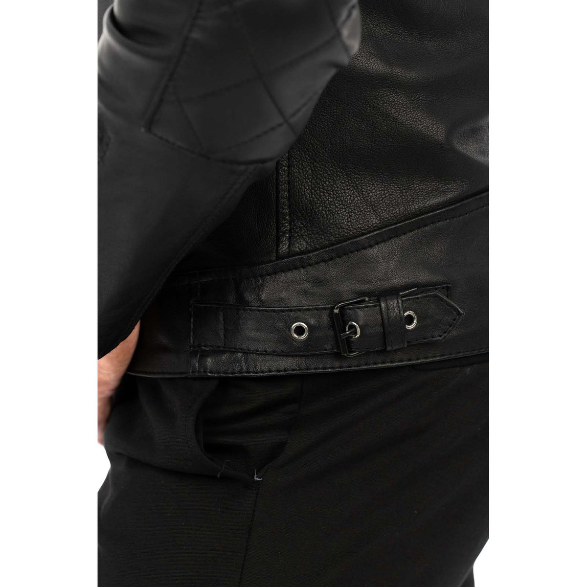 Men's Slim Fit Black Genuine Leather Biker Jacket with Diamond Quilting on Shoulders and Elbows Rindway