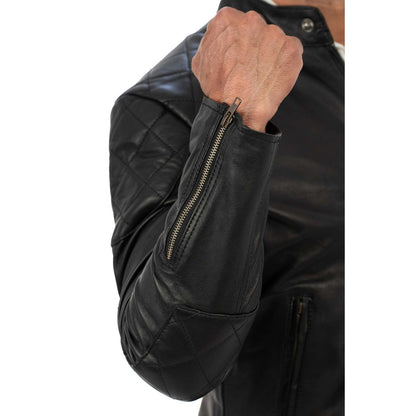 Men's Slim Fit Black Genuine Leather Biker Jacket with Diamond Quilting on Shoulders and Elbows Rindway