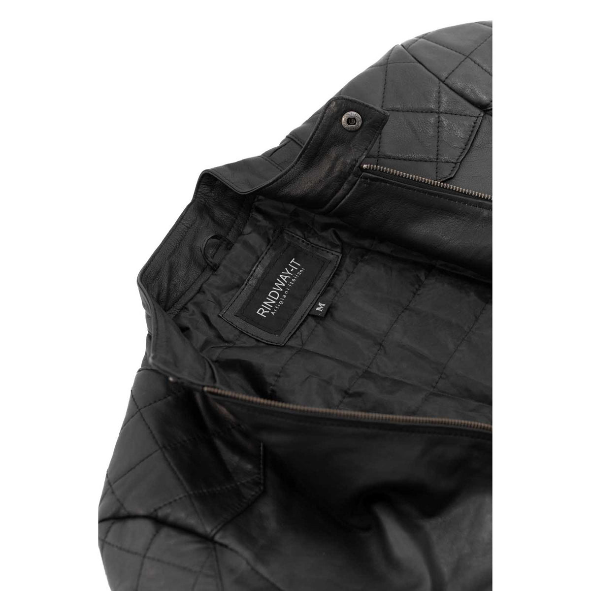 Men's Slim Fit Black Genuine Leather Biker Jacket with Diamond Quilting on Shoulders and Elbows Rindway