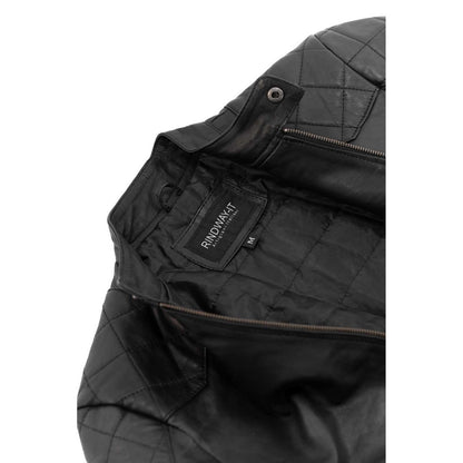 Men's Slim Fit Black Genuine Leather Biker Jacket with Diamond Quilting on Shoulders and Elbows Rindway